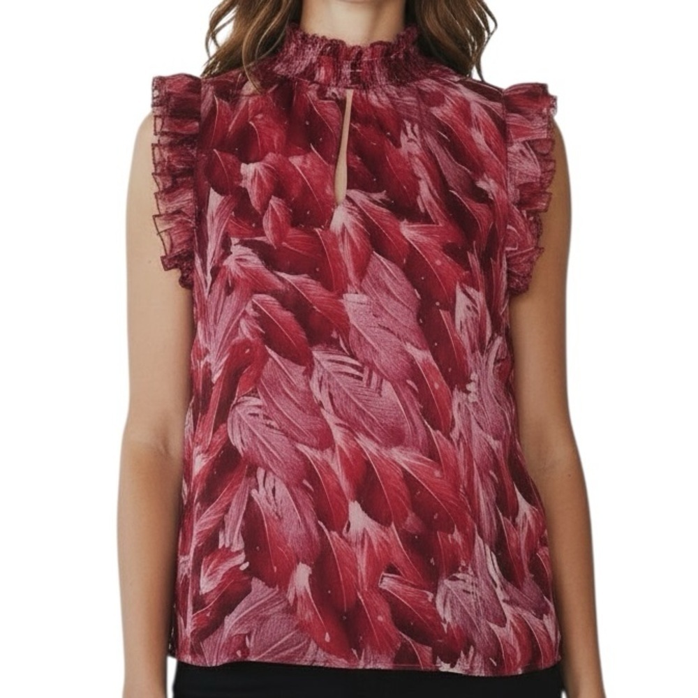 NWT WHBM Red Printed Metallic Detail Cap Ruffle Sleeve Lined Blouse Size Small